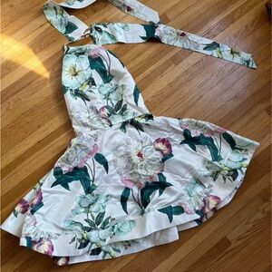 Lulu's White One-Shoulder Floral Dress with Green and Pink Accents